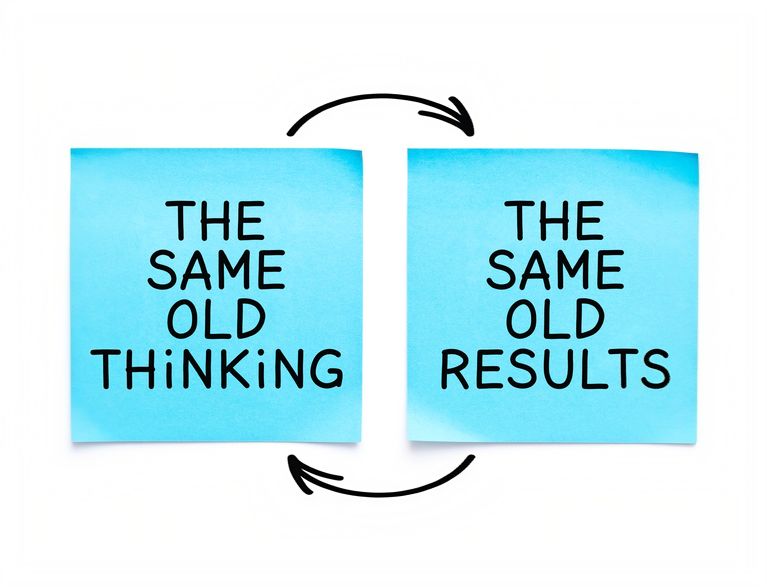 Two sticky notes showing a cycle: "THE SAME OLD THINKING" leads to "THE SAME OLD RESULTS".