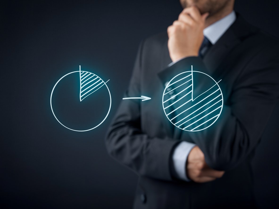 A small, partially shaded pie chart on the left, an arrow pointing to a larger, more fully shaded pie chart on the right.