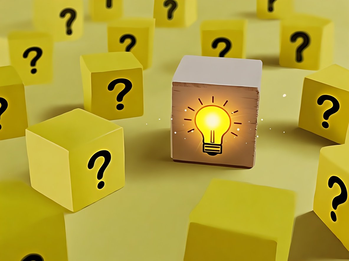 A single glowing light bulb inside an open cardboard box, surrounded by closed boxes with question marks on them.
